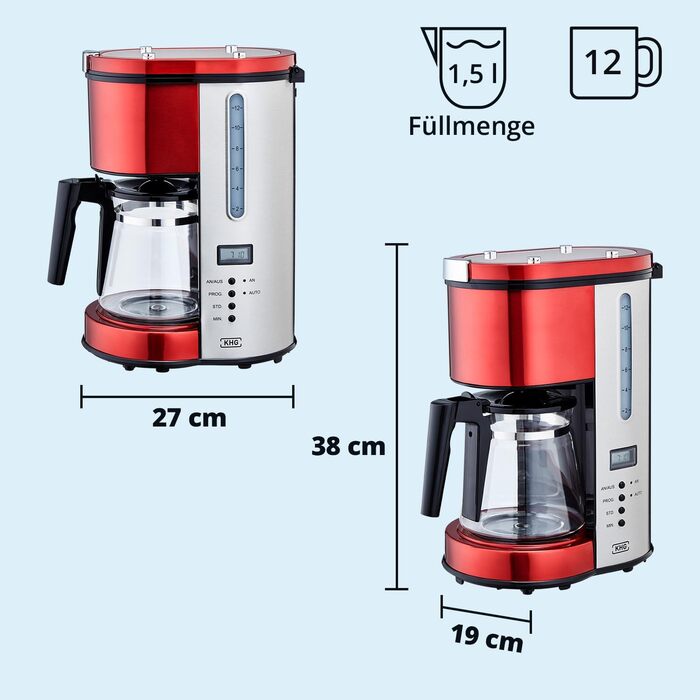 Набір для сніданку KHG Чайник, тостер і кавоварка червоного кольору, нержавіюча сталь металева хромована, ємність 1,7 л, 2 скибочки тостів і 12 чашок кави, світлові індикатори, індикатори рівня води, постійний комплект фільтрів з тостером і кавоваркою