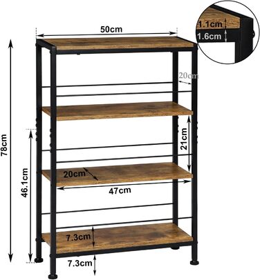 Полиця, Нішева полиця з 4 ярусами, Кухонна полиця для спецій, Вузька полиця-драбина, для кухні-вітальні, Дерево та метал, Вінтажний коричневий та чорний, 50x78x20 см, RGB52shm 50x20x78 Вінтажний коричневий чорний