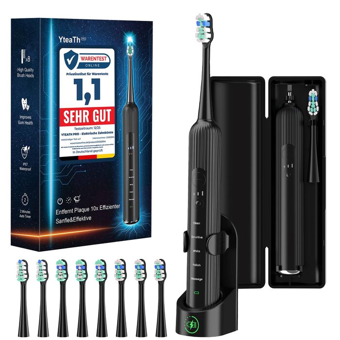 Електрична звукова зубна щітка для дорослих та дітей, 5 режимів чищення з 3 рівнями інтенсивності, 8 змінних насадок та дорожній футляр, акумуляторна зубна щітка (, в упаковці) Чорна