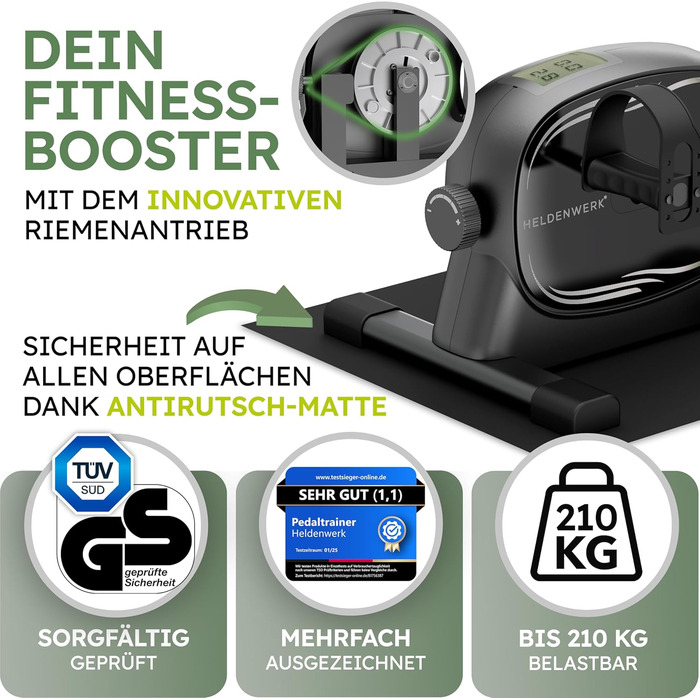 Набір педальних тренажерів HELDENWERK - Сертифіковано TV/GS, НОВИНКА 2025 року, включаючи кріпильний ремінь та протиковзкий килимок - Тренажер для рук та ніг для домашнього використання - Педальний тренажер для людей похилого віку, велотренажер