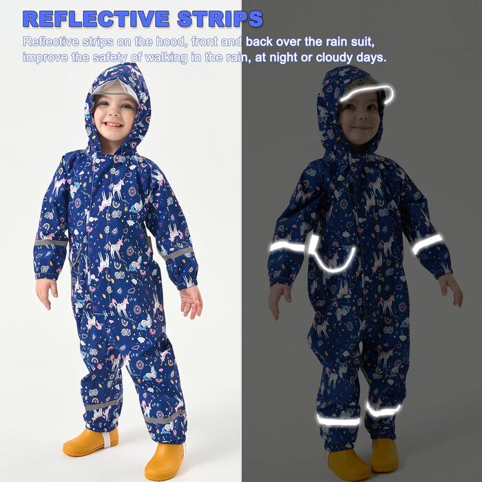 Дощовик Fewlby для дівчаток, водонепроникна куртка, цільний плащ з капюшоном, багаторазові штани для бруду, синій єдиноріг, вік 2-5 років