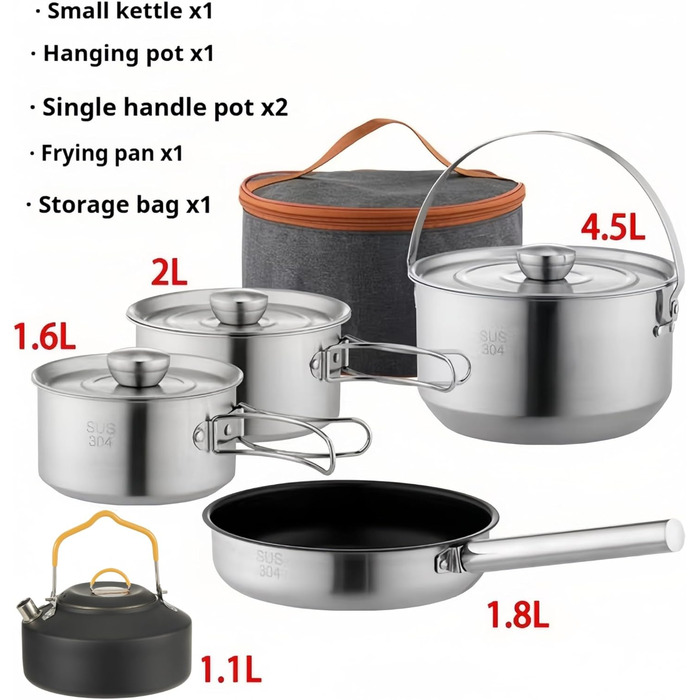 Набір посуду для кемпінгу, нержавіюча сталь 304, 10 предметів каструлі, сковорідки, чайник, сітчаста сумка для подорожей, кемпінгу, трекінгу, садових пікніків, туристичного спорядження