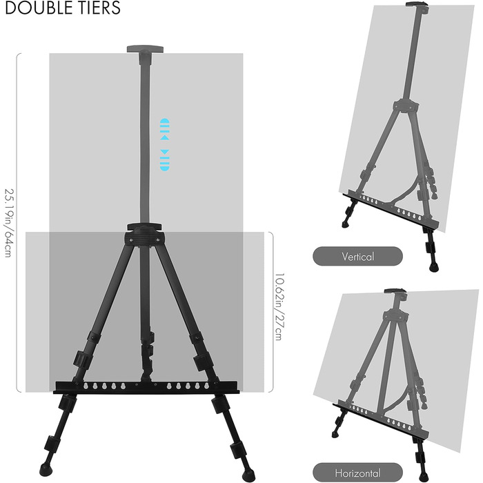 Мольберт Artify 66 дюймів, регульований студійний мольберт 22-66 дюймів (55-167 см), мольберт для художника, польовий мольберт з металевого матеріалу, штативний мольберт для художнього розпису та реклами, 1PACK, чорний 66''B