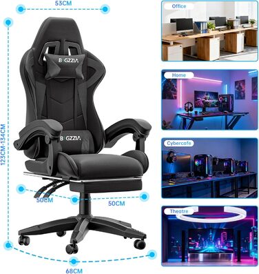 Геймерське крісло з висувною підставкою для ніг та регульованою поперековою опорою, ергономічне комп&39ютерне крісло з синтетичної шкіри з можливістю нахилу 90-155, офісне крісло з піни з ефектом пам&39яті та подушкою для шиї (чорне)
