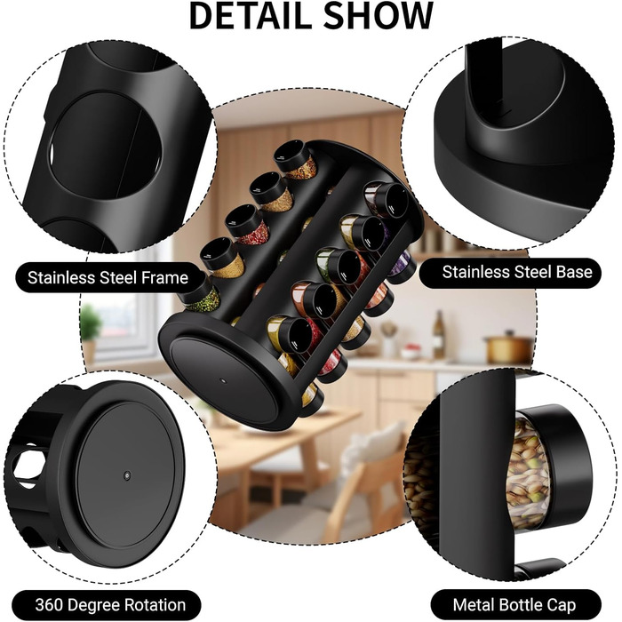 Кругла чорна підставка для спецій з 20 чорними круглими банками для спецій, карусель для спецій з нержавіючої сталі, що обертається на 360, органайзер для спецій, підставка для спецій, банки для спецій зі вставкою-шейкером, кругла банка для спецій B 20