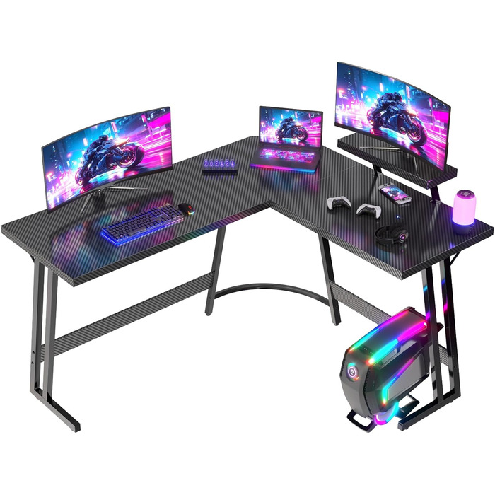 Ігровий стіл L-подібний 150x130 см, Кутовий стіл для ігор, L-подібний стіл з підставкою для монітора, Карбоново-чорний 150 x 130 см Чорний