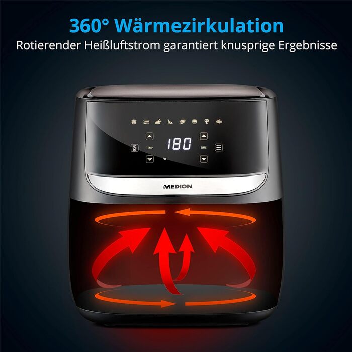 Фритюрниця MEDION E50 XL (кошик для смаження 5,7 літра, приблизно 1700 Вт, цифрова панель керування, 8 автоматичних програм, смаження без олії, таймер 30 хв, захист від перегріву, MD10532) чорний 5,7 літрів Чорний