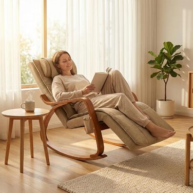 Масажне крісло-гойдалка, крісло-реклайнер, крісло для телевізора з 3-зонним масажем, масажне крісло з функцією підігріву, регульований підголівник та підставка для ніг, знімний чохол, вантажопідйомність 150 кг, світло-коричневий колір