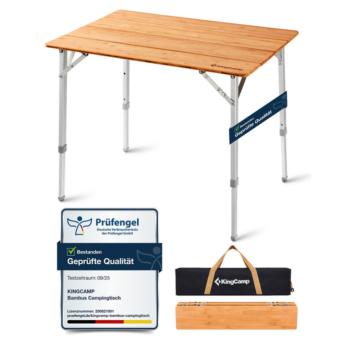 Складаний кемпінговий стіл KingCamp з бамбука, регульована висота (45/52/65 см) для 4-6 осіб, складний кемпінговий стіл з сумкою для перенесення, вантажопідйомність до 80 кг, 100 x 65 см, 3 фіксовані рівні висоти 100 x 65 см