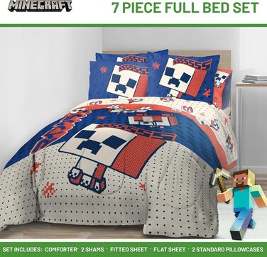 Повнорозмірний комплект постільної білизни Minecraft Creeper, 7-місний комплект постільної білизни з простирадлом та наволочками,