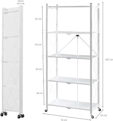 Складана полиця з колесами 5 полиць/відсіків Білий Вантажопідйомність 250 кг ВxШxГ 167x72x34 см Полиця для зберігання, металева полиця, складна полиця, 5 полиць, білий