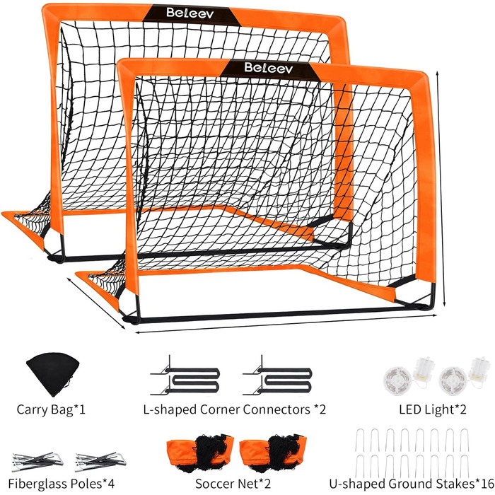 Дитячі футбольні ворота BELEEV для саду 4x3/6x4 фути, високоякісний портативний складний комплект футбольних воріт зі світлодіодними ліхтарями, скловолокнистими стійками, сумкою для перенесення, для тренувань у приміщенні та на відкритому повітрі, подарун