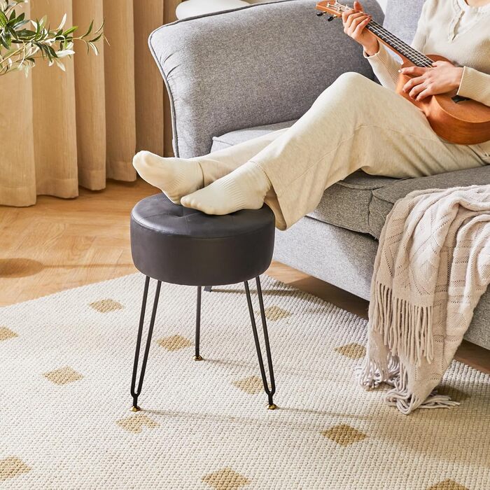 Круглий стілець-підніжка IBUYKE зі штучної шкіри, бічний столик для макіяжу, сидіння для туалетного столика з ПУ, пуф-табурет, золотисті сталеві ніжки, чорний колір L/G-31B PU чорний