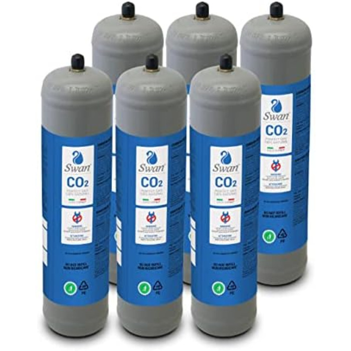 Одноразова циліндрична пляшка Swan CO2 600 гр E290 З'єднання для вуглекислого газу 11 м для виробників газованої води, охолоджувальних установок та диспенсерів для питної води, 6 шт.