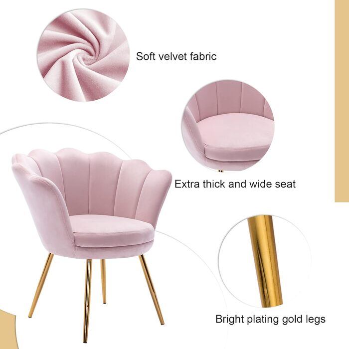 Крісло-туалет Chairus, крісло-ракушка з оксамиту, крісло для відпочинку із золотими ніжками, крісло для вітальні, світло-рожевий
