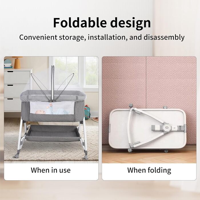 Дитяче ліжечко OHMG Side-by-Side, дитяче ліжко, дитяча колиска, дитяче ліжко 3 в 1 для новонароджених, ліжко-гойдалка для дому та подорожей з колесами, регульована висота 6 шт. (сірий (80x40x100-115 см))