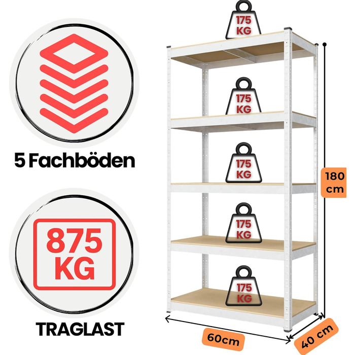 Міцний стелаж 180x60x40 см, безболтовий стелаж, оцинкований, з 5 полицями з МДФ та вантажопідйомністю 175 кг, металевий стелаж, гаражний стелаж або стелаж для зберігання, стелаж для підвалу, стелаж для комори, стелаж для майстерні, металевий 180x60x40 - п