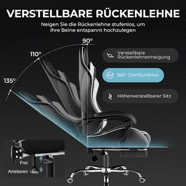 Ігрове крісло GTPLAYER, офісне крісло, стільце для столу, геймерське крісло, обертове крісло, ергономічне крісло для ПК, багатофункціональне крісло для керівника кіберспорту (чорно-біле)