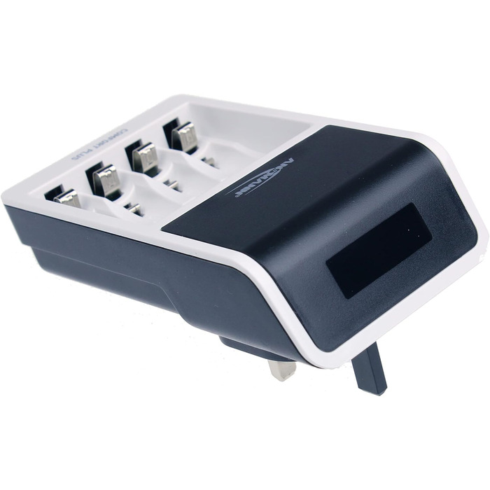 Зарядний пристрій ANSMANN Comfort Plus для акумуляторів типу AA, AAA та 9V з 3-контактним штекером для Великої Британії, швидка зарядка та швидке тестування ємності