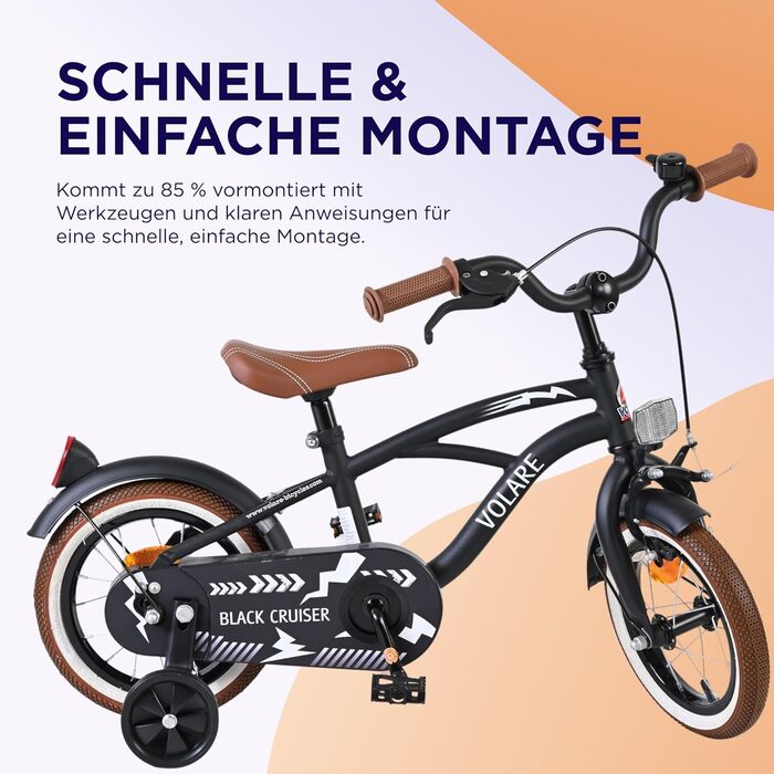 Дитячий велосипед Volare Black Cruiser 12 35 років Ручне та ножне гальмо, знімні бічні колеса, захист ланцюга та світловідбивачі Регульоване сідло Подарунок для дівчаток та хлопчиків