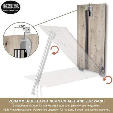 Настінний розкладний стіл KDR 80x50 см, сучковатий дуб розкладний стіл з хромованою ніжкою для настінного монтажу як обідній, письмовий або кухонний стіл висота 74 см