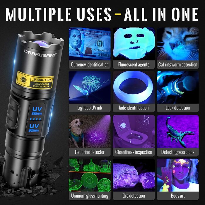 Ультрафіолетовий ліхтарик DARKBEAM Blacklight 365 нм та 395 нм, світлодіодний ліхтарик з ультрафіолетовим випромінюванням, що перезаряджається від USB, надзвичайно яскравий, з регульованим фокусом, лампа Вуда з чорним світлом для сечі домашніх тварин, ура