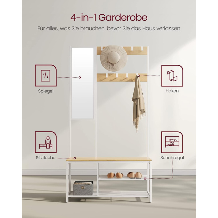 Вішалка для одягу, шафа з гачками, вішалка для одягу з дзеркалом, лавка для взуття та полиці, 36 x 98 x 185 см, для передпокою, спальні, вітальні, дубово-білий HSR050W09 Дуб біла полиця для взуття