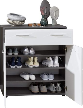 Комод - Димчасто-сріблястий/Білий глянцевий - Шафа для взуття з місцем для 12 пар взуття - (Ш x В x Г) 80 x 87 x 35 см - Хромовані ручки - Стійкий до подряпин Sardegna Димчасто-сріблястий меламін/Білий глянцевий 80 x 87 x 35 см