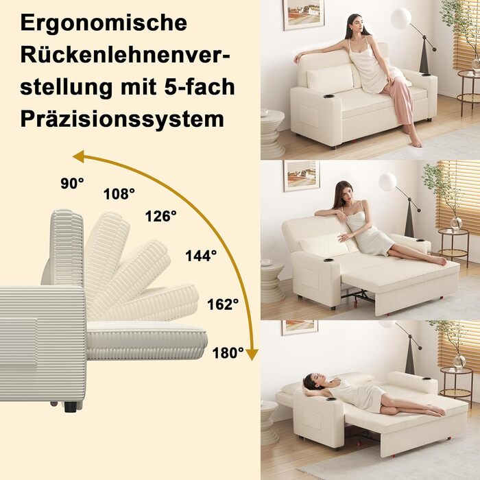 Диван Devoko з функцією сну, розкладний диван-ліжко з регульованою спинкою, невеликий диван-ліжко, розкладний диван, 2-місний диван для вітальні та спальні, бежевий 75Г x 160Ш см