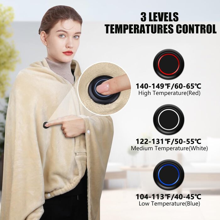 Бездротова ковдра з підігрівом з акумулятором 10000 мАг, електрична фланелева ковдра з підігрівом 160x90 см, портативна для жінок та чоловіків, 3 рівні нагріву, можна прати для дому, офісу, кемпінгу, хакі