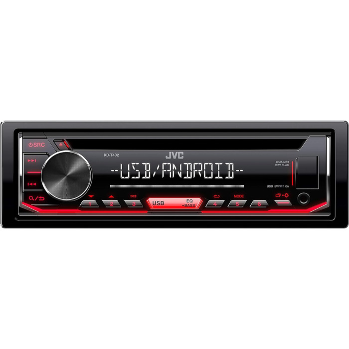 Автомобільна CD-радіостанція JVC KD-T702BT з Bluetooth гучного зв'язку (високопродуктивний тюнер, звуковий процесор, USB, Android і Spotify Control, 4x50 Вт, червоний/чорний) (USB, комплект з адаптером антени)