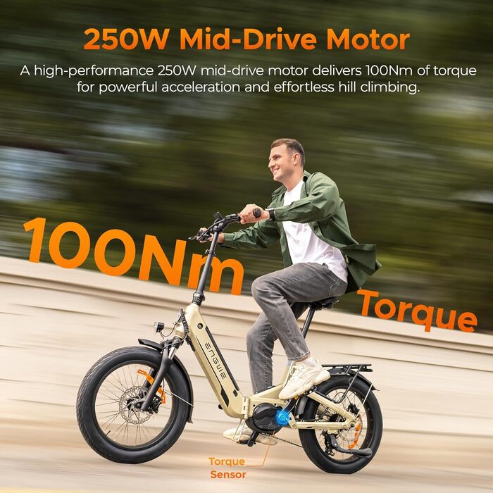 Електровелосипед ENGWE із застосунком та Інтернетом речей, акумулятор 48 В 15 Аг, запас ходу до 160 км, датчик крутного моменту та гідравлічні гальма, шини 20 * 3.0, 2 години зарядки, жовтий