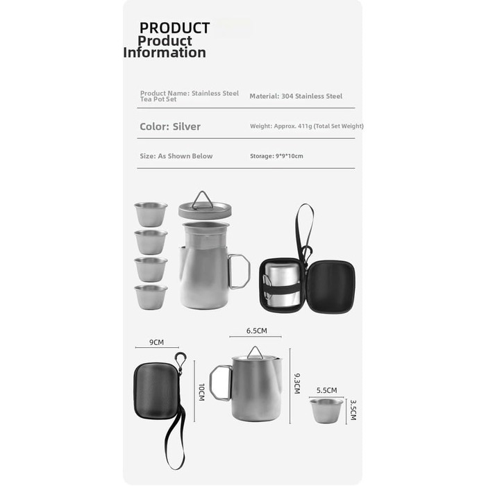 Чайний сервіз з нержавіючої сталі 304 для подорожей та кемпінгу на 4 особи, з фільтром та герметичним носиком, включає чайник та 4 чашки