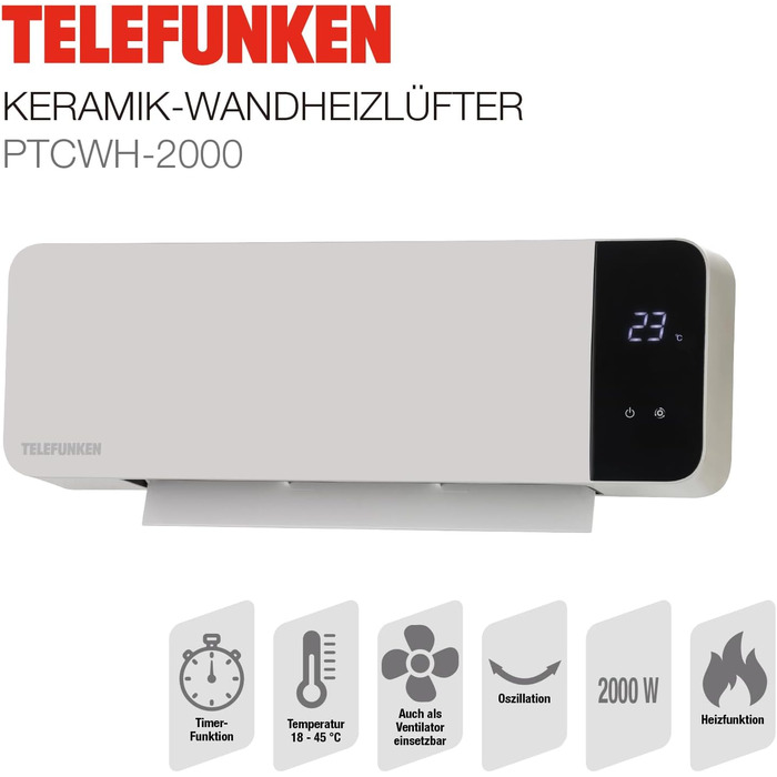 Керамічний настінний вентилятор-обігрівач Telefunken PTCWH-2000W Світлодіодний дисплей з цифровим термостатом та пультом дистанційного керування, функція таймера, коливання, вентилятор, захист від перегріву, 18-45C