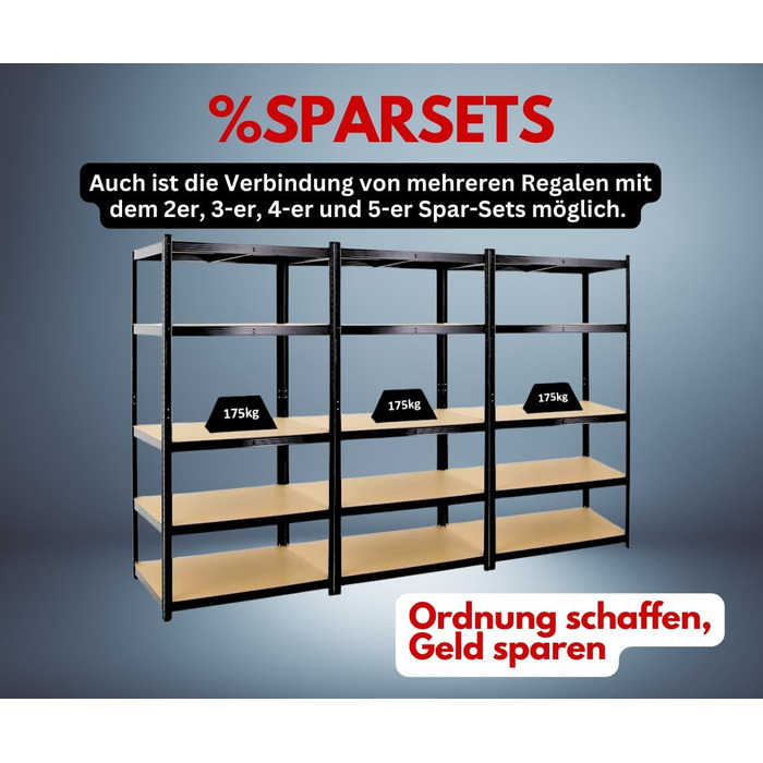 Надміцний стелаж Taurus Black 180x120x60 см Загальне навантаження 875 кг Стелаж для підвалу, стелаж без болтів, гаражний стелаж, стелаж для зберігання 180x120x60 см - Навантаження на полицю 175 кг Чорний