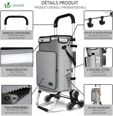 Алюмінієвий візок для покупок зі сходами, 3-в-1, складаний візок-тележка з гачком-тримачем, охолоджувальним відділенням та гаком, 6 коліс, велика місткість, водонепроникний, сірий 60л
