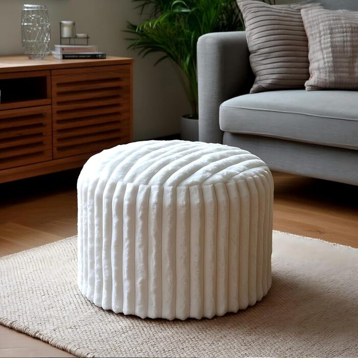 Круглий пуф-табурет, кругла пуф-мішок для ніг, диванний табурет, пуф для ніг з високоякісним штучним хутром, пуф, подушка-пуф для квасолі, сидіння для дивана та вітальні, 38x50x50 см, білий