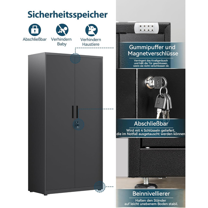 Шафа для документів, багатоцільова шафа, сталева шафа для зберігання, шафа для майстерні, 180 x 80 x 40 см, чорна 181,5 В см чорна