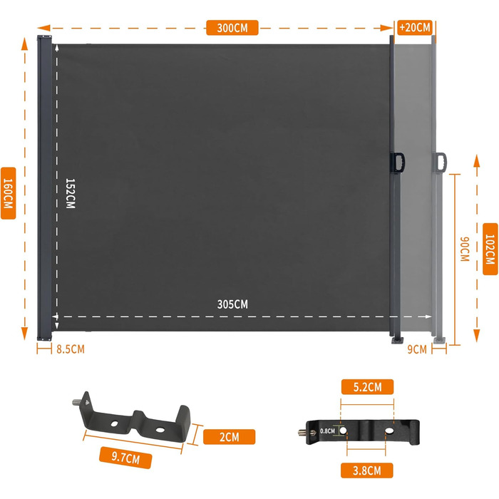 Розсувний бічний тент, 160 x 30020 см Антрацит, Сонячний тент із екраном для приватності, Вітрозахист, Водонепроникний бічний висувний тент, Бічна рулонна штора для балкону, тераси, саду, Ш320 x В160 см Антрацит