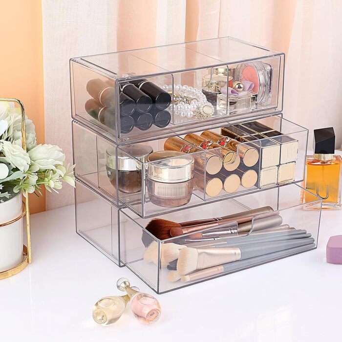 Акрилова коробка для зберігання з 3 шухляд, штабелюваний органайзер для косметики, прозора шухляда зі знімними роздільниками для ювелірних виробів, товарів для здоров&39я, кавових капсул, канцелярського приладдя