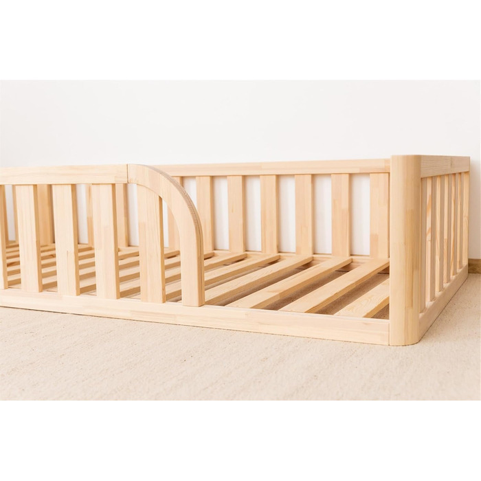 Ліжко Монтессорі, підлогове ліжко з рейковою основою, ліжко з захисними поручнями, дитяче ліжко, дерев&39яне ліжко з каркасом для хлопчиків та дівчаток, 160x90 см, натуральне дерево 160x90 см натуральне дерево - отвір для ліжка праворуч