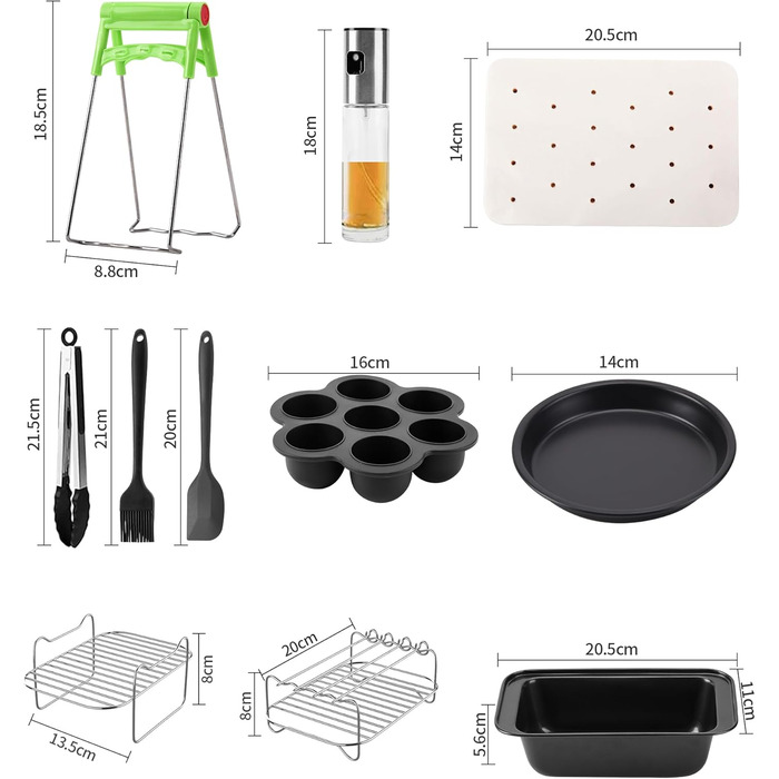 Аксесуари для фритюрниці, 12 шт. Аксесуари для фритюрниці Dual 2024 для фритюрниці Ninja Air Fryer AF500EU, AF400EU, AF300EU, Innsky, Princess, Emerio Аксесуари для решіток аерофритюрниці та пляшки з розпилювачем олії 9.5-10.4 л