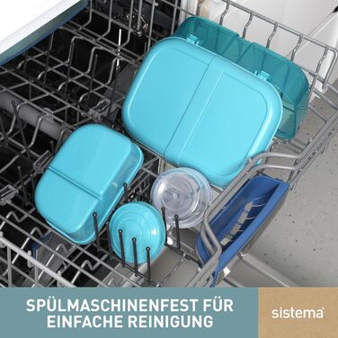 Ланчбокс Sistema Ribbon Bento з гнучкою вкладкою та контейнером для йогурту/фруктів Виготовлено з переробленого пластику 1,1 л, стиль Bento Без BPA, колір блакитно-бірюзовий