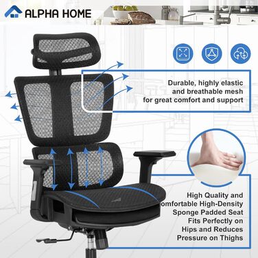 Офісне крісло ALPHA HOME, ергономічне робоче крісло з підставкою для ніг та регульованим підголівником, дихаюче крісло керівника з 3D-підлокітниками та високою спинкою, комп&39ютерне крісло, витримує вагу до 160 кг, чорне - з підставкою для ніг та підголі