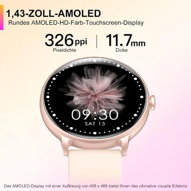 Розумний годинник для жінок та чоловіків, 1,43-дюймовий AMOLED-дисплей, Bluetooth-дзвінки, фітнес-трекер із монітором серцевого ритму та сну, водонепроникний фітнес-годинник IP68 для Android та iOS, рожевий