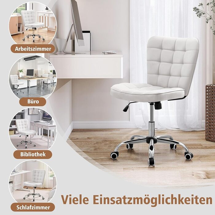 Офісне крісло Yaheetech, стілець для дому, обертове крісло, регульоване по висоті туалетне крісло, офісне крісло без підлокітників, м&39яке крісло з колесами, штучна шкіра білого кольору