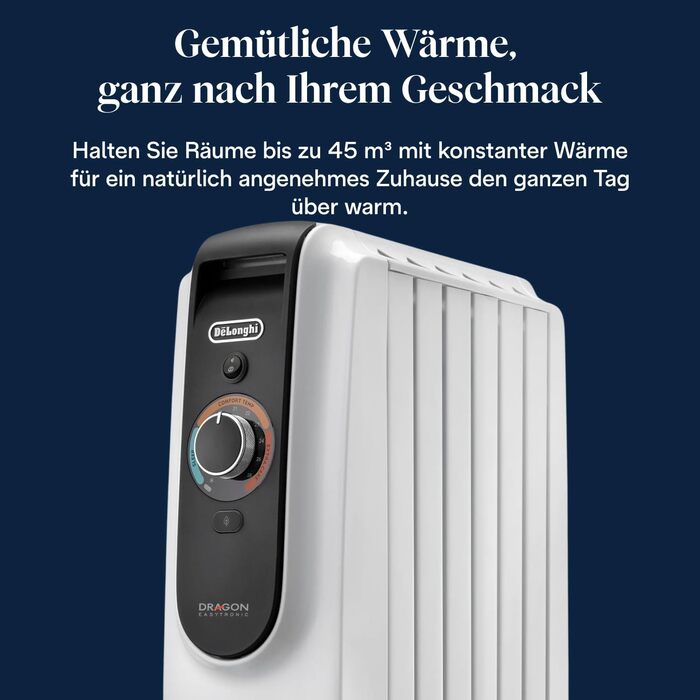 Масляний обігрівач De'Longhi Dragon EasyTronic (TRD50615) для приміщень до 45 м, електрообігрів з термостатом безпеки, 6 секцій, 12 рівнів температури, портативний, 1500 Вт, білий