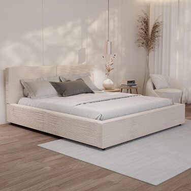 Ліжко Juskys Salerno з м&39якою оббивкою 180 x 200 см Cord Beige, сучасне ліжко з узголів&39ям та узніжжям, міцний каркас з дерева та металу, рейкова основа, вантажопідйомність 500 кг, бежевий 180x200 см