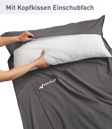 Підкладка для спального мішка Fit-Flip з бавовни або мікрофібри - надлегкий внутрішній спальний мішок - тонкий дорожній спальний мішок - компактний, маленький та шовковисто-м&39який - підкладка для спального мішка з кишенею для подушки, бавовна, темно-сір