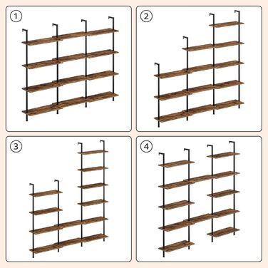 Рівнева книжкова полиця HOOBRO своїми руками, промислова драбина, полиця з ДСП, вертикальна полиця зі стабілізуючою металевою рамою, для домашнього офісу, вітальні, темно-коричневий EBF65CJ01 60 x 24 x 200,5 см темно-коричневий чорний, 6-